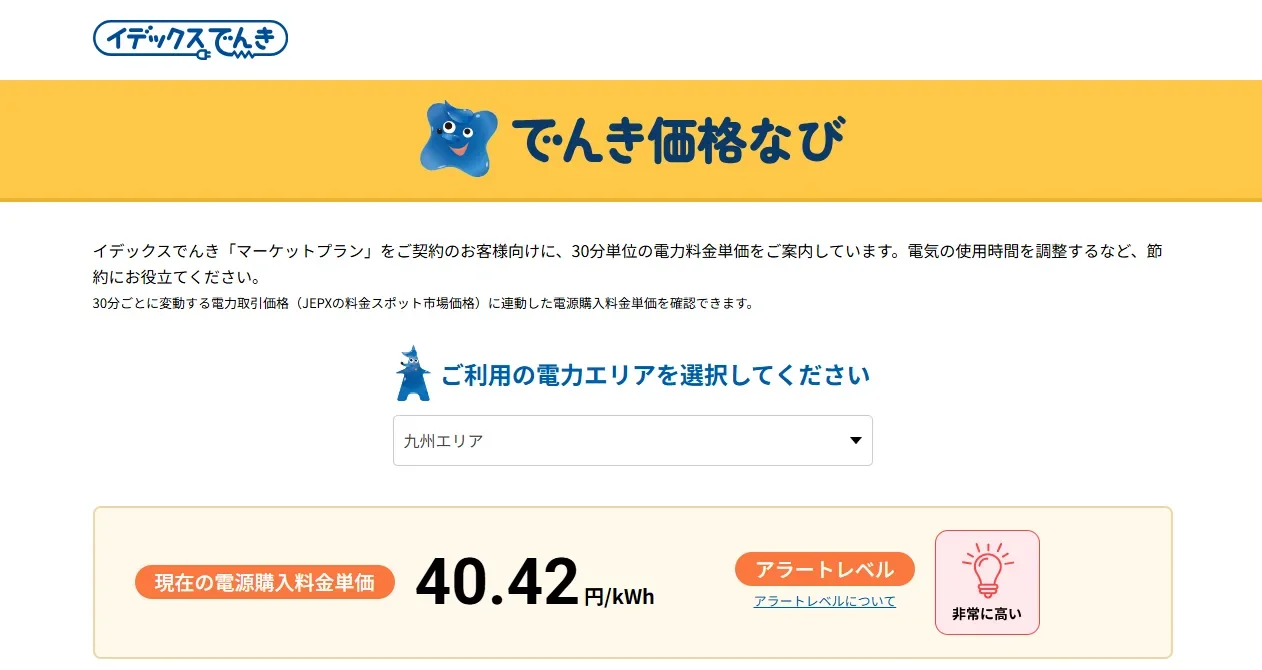 でんき価格なびの画面。九州エリアの現在の電源購入料金単価とアラートレベルの表示